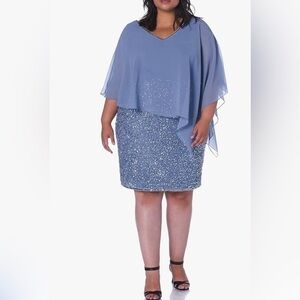 J Kara  Caplet V-Neck Mini Cocktail Beaded embellished blue sequin Dress 22w